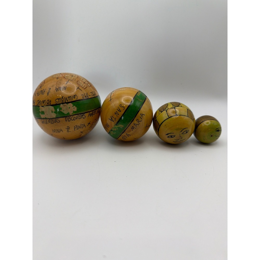 Vintage Christopher Columbus 1492 Wooden Nesting Spheres Set 4 Hand Painted Nina